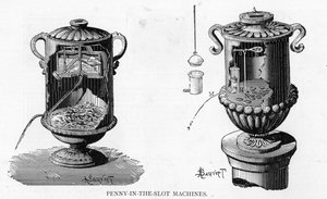 古代と現代の自動販売機（ペニーインザスロット）、1893 作： Albert Sauvert